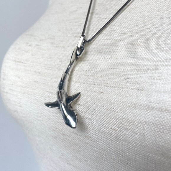 VTG Sterling Silver 925 3 Dimensional Great White Shark Pendant Necklace 24" - Picture 14 of 16